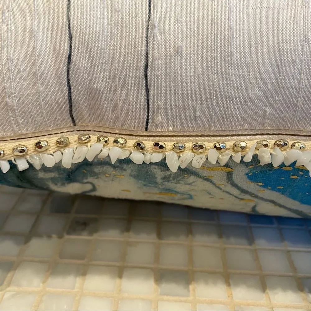 Anthropologie Silk Blue and Gold Lumbar with Stone Trim